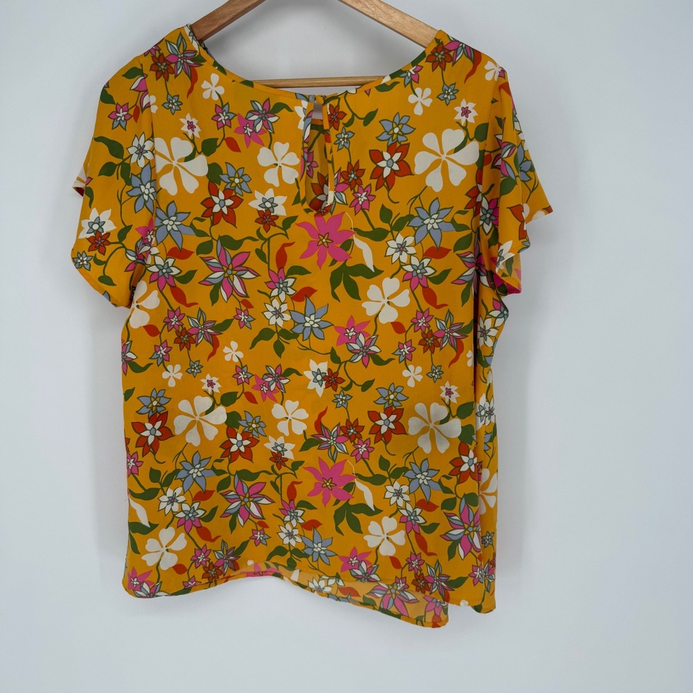 ModCloth Womens 2X Mustard Yellow Floral Short Sleeve Keyhole Blouse Retro Top - Picture 2 of 6